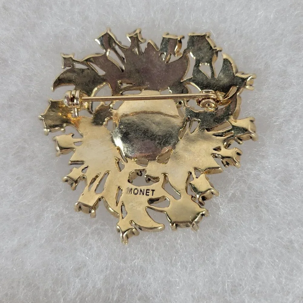 Vintage Monet Gold-Tone Faux Pearl Rhinestone Floral Brooch Pin Missing Stone